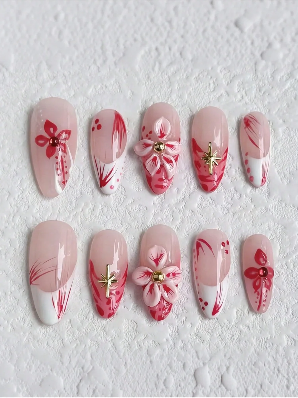 Chic Pink & Red Floral Press-On Nail Set with Gold Accents